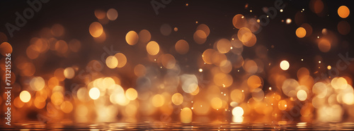 An enchanting bokeh background with golden orbs of light floating over a reflective water surface, exuding warmth and elegance. photo