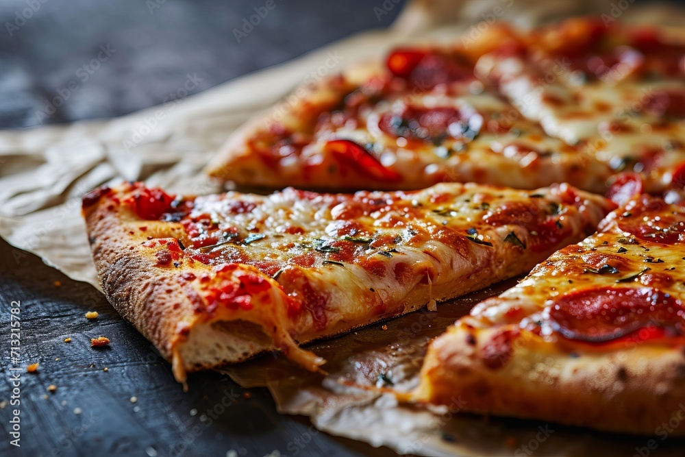 Sliced pizza with crispy sides on a brown piece of paper. The concept of advertising a cafe, restaurant, fast food.
Sliced pizza with crispy sides on a brown piece of paper. The concept of advertising a cafe, restaurant, fast food.
