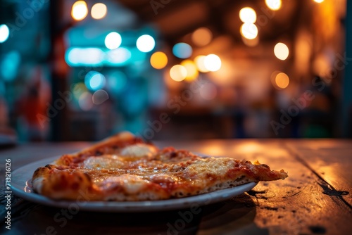 A piece of pizza in a plate on the table. The concept of advertising a cafe, restaurant, fast food.  Еmpty space for text.
 photo