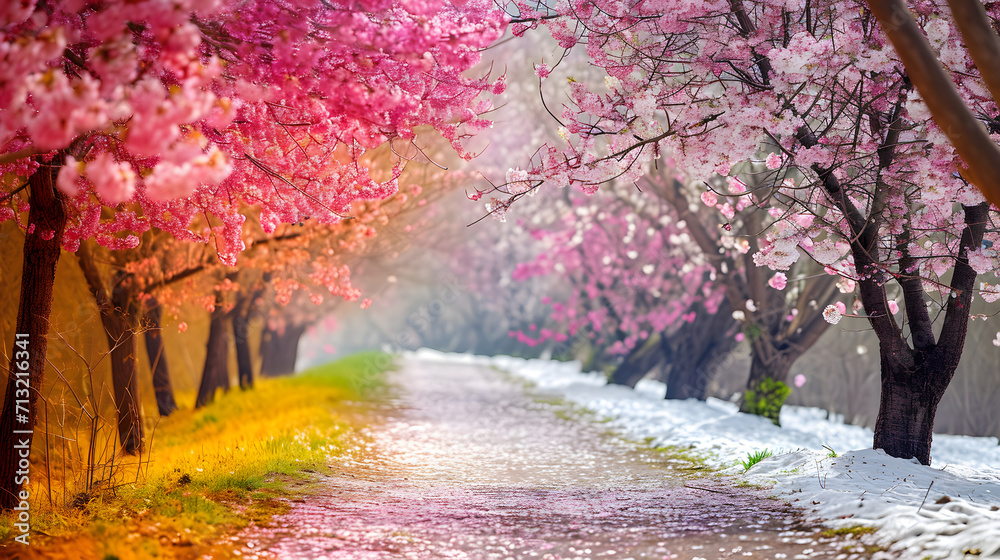 Naklejka premium Picturesque Cherry Blossom Trees Along a Snowy Path Signifying Winter to Spring Transition