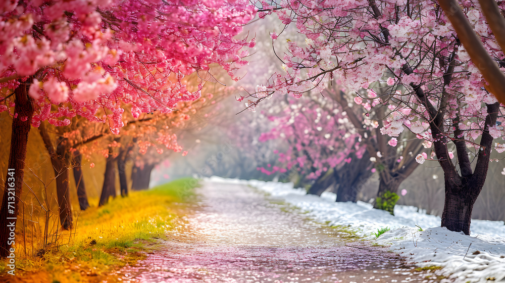 Picturesque Cherry Blossom Trees Along a Snowy Path Signifying Winter to Spring Transition