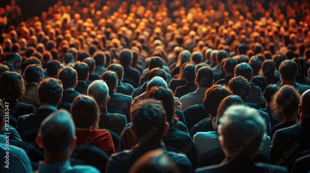 Obraz premium A large group of people sitting in front of a stage. Suitable for event, conference, or concert purposes