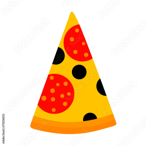 Pizza slice icon on white background. Italian snack topped with mozzarella and tomato slices.