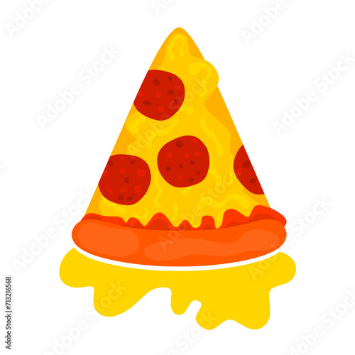 Vector illustration of a slice of pizza with cheese. Italian pizza with mozzarella and tomato topping isolated on white background.