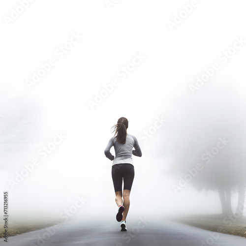 Person jogging on a foggy morning isolated on white background, detailed, png
