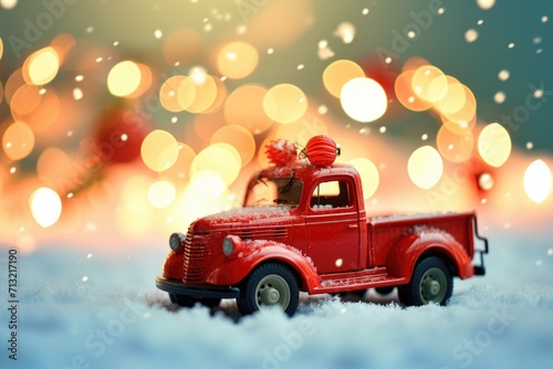 Toy truck with a Christmas tree on top. Perfect for holiday decorations and festive themes