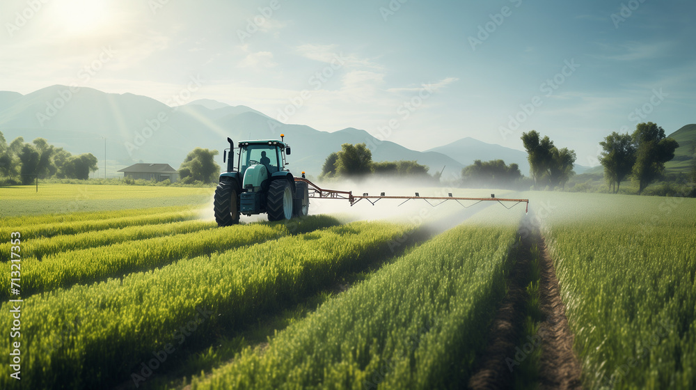 Fototapeta premium A cutting-edge farm tractor using a high-tech spray system to treat a rural farmland with agricultural chemicals