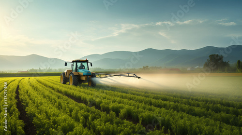 A modern tractor equipped with advanced spraying technology applying pesticides to a picturesque rural farmland