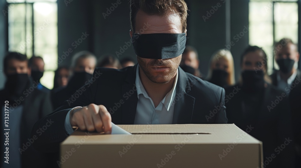 Blindfolded people voting, manipulated by politics and the media. - obrazy, fototapety, plakaty 