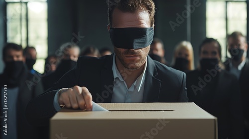 Blindfolded people voting, manipulated by politics and the media. photo
