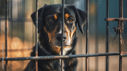 A sad dog sits in a shelter cage, waiting for loving home.