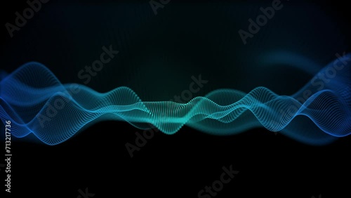 Abstract blue wave form animated loop with blue light digital effect on black background. Network communication wave signal technology futuristic concept. 