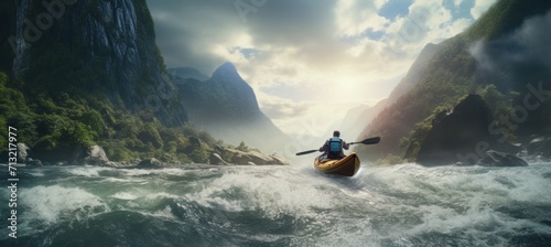 a man kayaking down a river with high waterfall, mountains and rushing river background