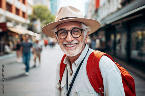 Portrait of an old handsome white-haired tourist man with glasses in a hat and backpack looking at the camera and smiling in the city.