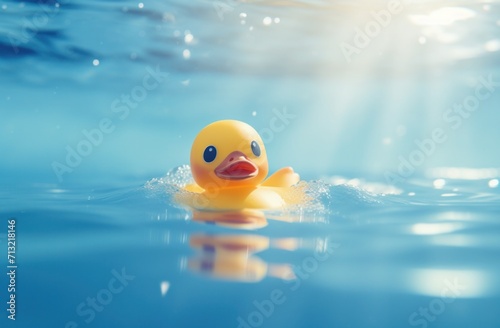 a baby rubber duck is floating on a pool