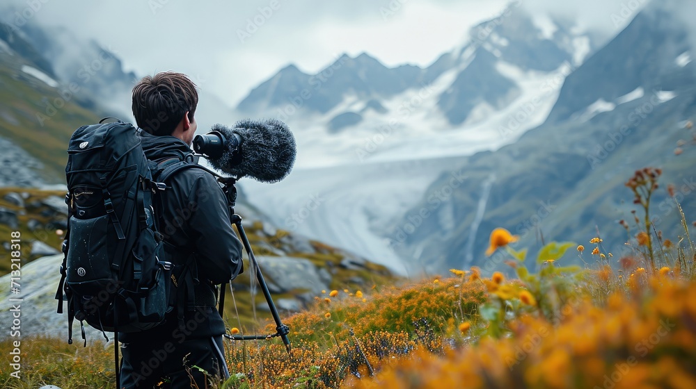 A man recording the nature sounds of the alps with a large professional microphone, Rear view. Generative AI.