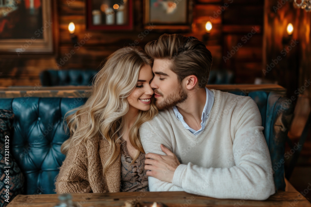 Happy couple kissing on a date in a restaurant on Valentine's Day. Happy couple kissing on a date in a restaurant on Valentine's Day.