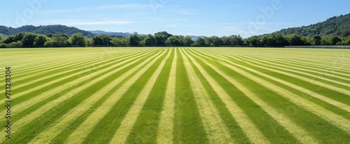 green soccer field with sun shining through on yellow grass
