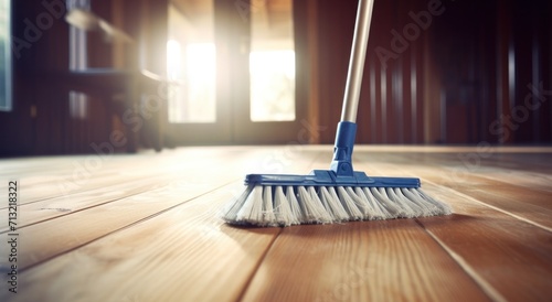 brooming a hardwood floor with white broom