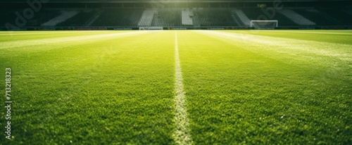 green soccer field with sun shining through on yellow grass