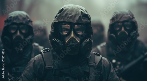 a group of men are wearing heavy gear and are in a fog photo