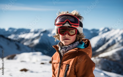 a boy skiing in the mountains with his gear on © olegganko