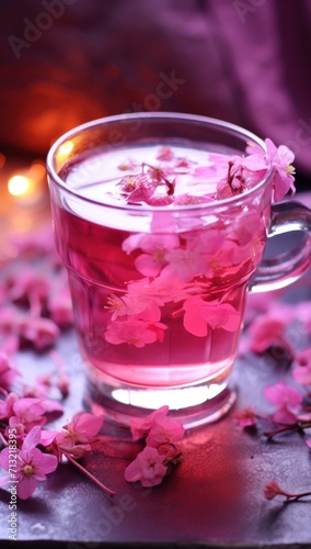 a cup of pink tea with flowers in it