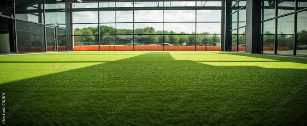 Fototapeta premium a green field with artificial grass and some sunbeams