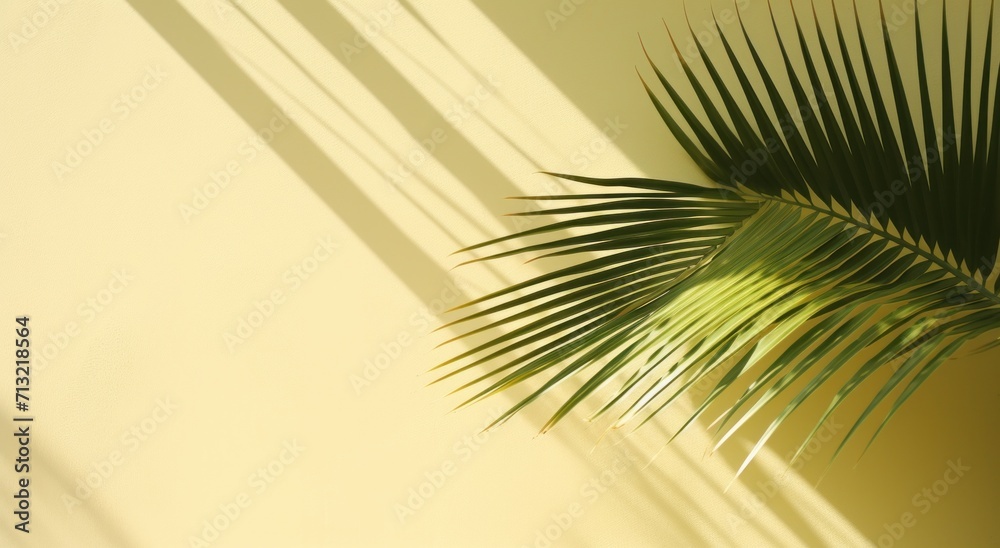 a palm tree leaves in front of a wall with sunlight