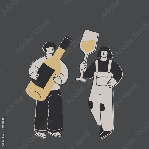 Cute man and woman with a huge bottle of white wine and a huge glass. Funny exaggerated characters for design on the theme of wine or alcoholic beverages. Vector flat illustration.
