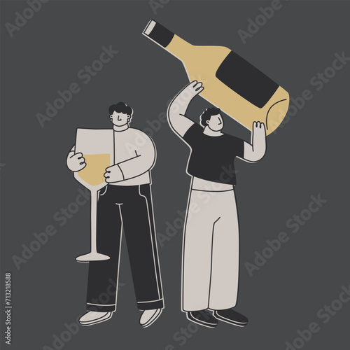 Cute men  with a huge bottle of white wine and a huge glass. Funny exaggerated characters for design on the theme of wine or alcoholic beverages. Vector flat illustration.