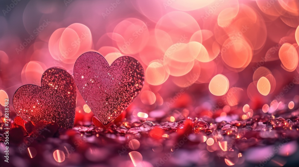 Bokeh lights in heart shapes on a pink background, Dreamy and romantic atmosphere for Valentine's Day. Generative AI.