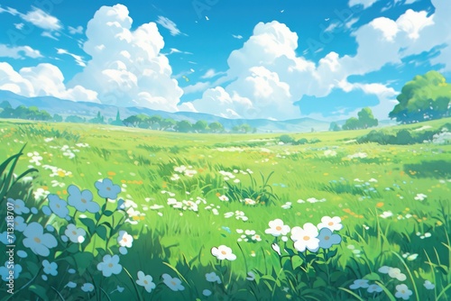 green field with sky background in pixel art style.