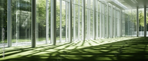 a green grass field with sunlight streaming through the glass