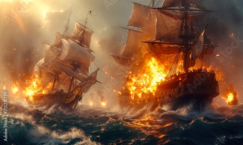 Dramatic maritime scene of tall ships engaged in a fierce battle on the high seas, with fiery explosions and turbulent ocean waves photo