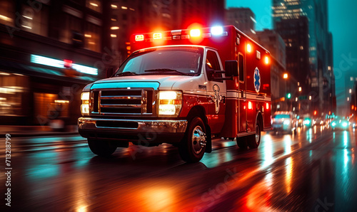 Speeding ambulance on urgent city mission, with lights flashing and siren blaring, rushes through downtown to save lives in a critical emergency situation photo