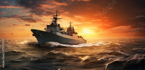a military ship traveling on the water at sunset