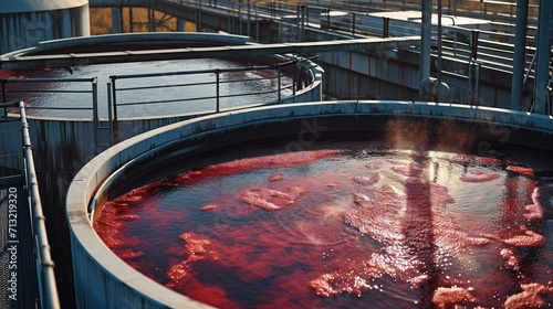 Giant vat boiling red algae outdoors. Generative AI.