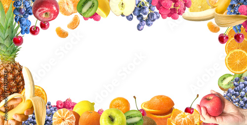 Fresh fruit collection border  isolated on white background  orange  pineapple  grape  lemon  apple  kiwi  mandarin cherry