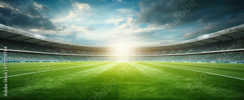 green soccer field with sun shining through on yellow grass