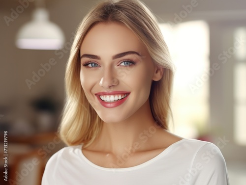 Beautiful wide smile of healthy woman, close up