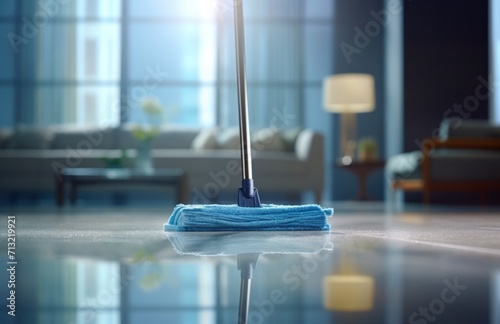 house cleaning in city with blue mop on top of glass