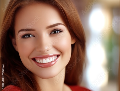 Portrait of young happy woman looks in camera