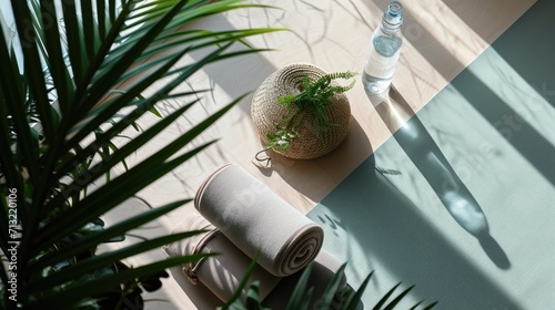 Tranquil Yoga Oasis: Immerse Yourself in a Top-down View of a Yoga Mat Surrounded by Lush Plants and Succulents, Creating a Serene and Tranquil Background.