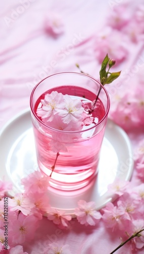 a cup of pink tea with flowers in it