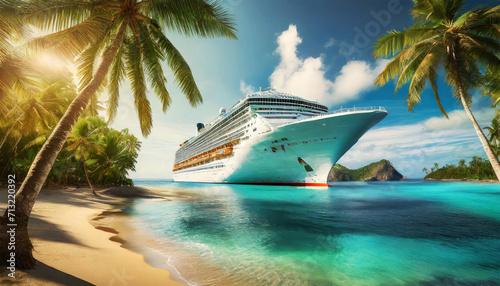 Large cruise ship in front of a small tropical island with palm trees with a beautiful sandy beach  surrounded by turquoise sea water  in the background a clear sky with white clouds. Generative Ai.