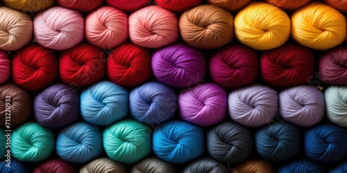 Lots of colorful and bright balls of wool and yarn. Top view, Generative AI