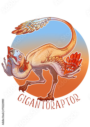 Gigantoraptor mating dance. Linear drawing colored isolated on a white background. Big non-avian dinosaur complex behaviour. Sticker. Not AI. EPS10 Vector illustration photo