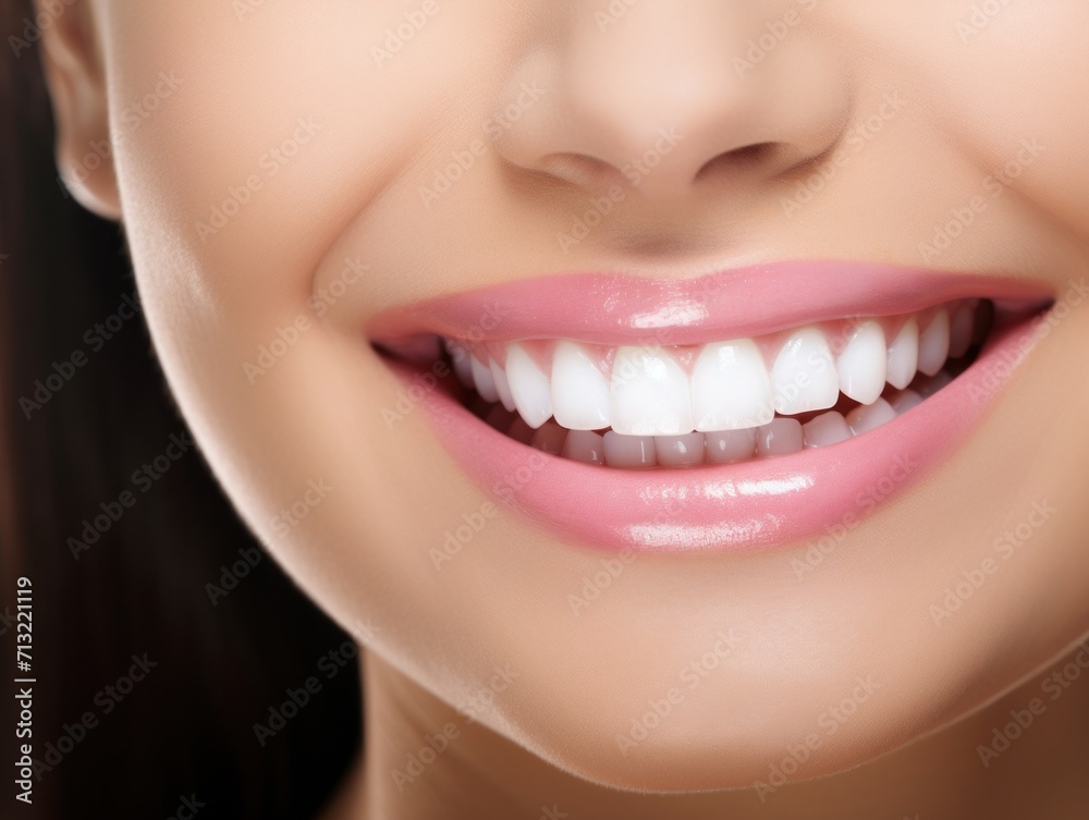 Fototapeta premium Beautiful wide smile of healthy woman, white teeth close up. Generative AI