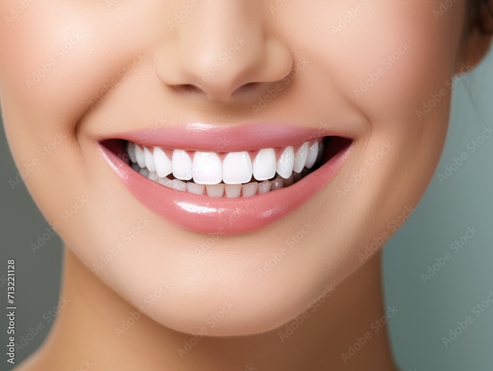 Beautiful wide smile of healthy woman, white teeth close up. Generative AI Beautiful wide smile of healthy woman, white teeth close up. Generative AI